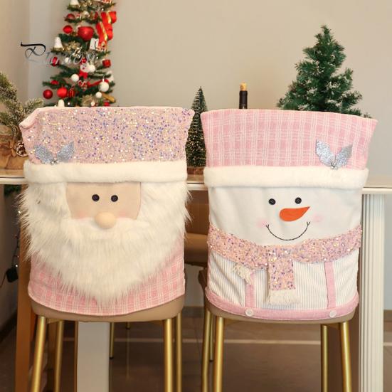 Christmas Chair Cover Santa Snowman Reindeer Chair Back Cover Pink Sequined Chair Slipcover for Dining Room Kitchen Hotel Party Decor