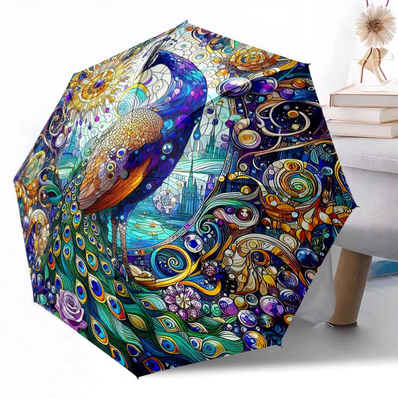 Peacock and Floral Fantasy Outdoor Automatic Umbrella Retractable Design with 8-Rib Durability Lightweight Perfect Gift for Friends Family