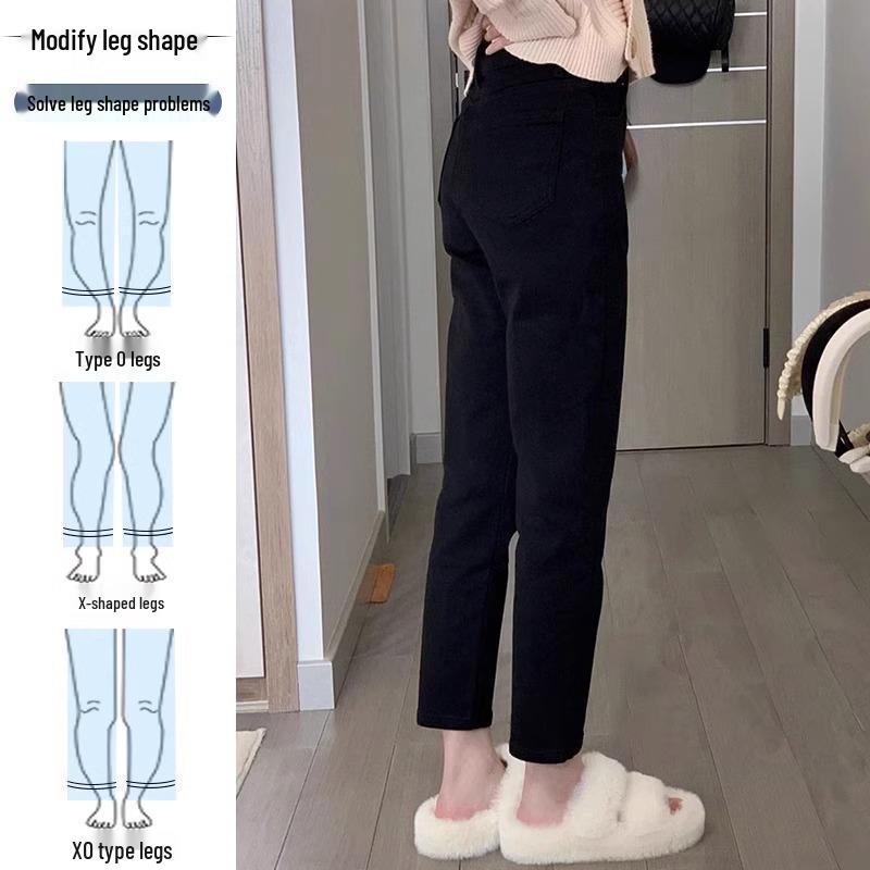 Women's High Waist Black Fleece-Lined Plus Size Slimming Straight Leg Jeans