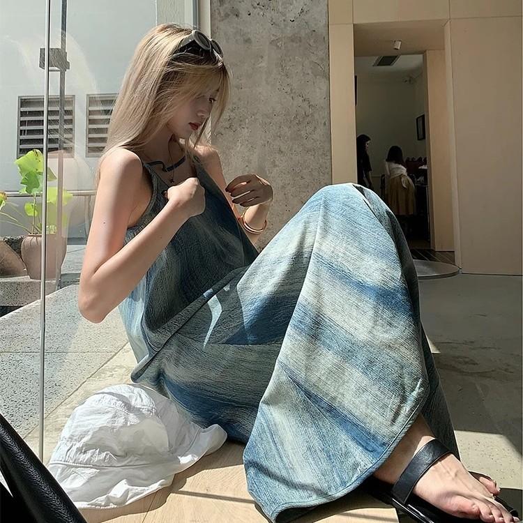 Autumn and Summer Smudged Denim Suspender Dress Women's Summer Design Sense Niche Temperament Thin Straight Dress Women's Clothing