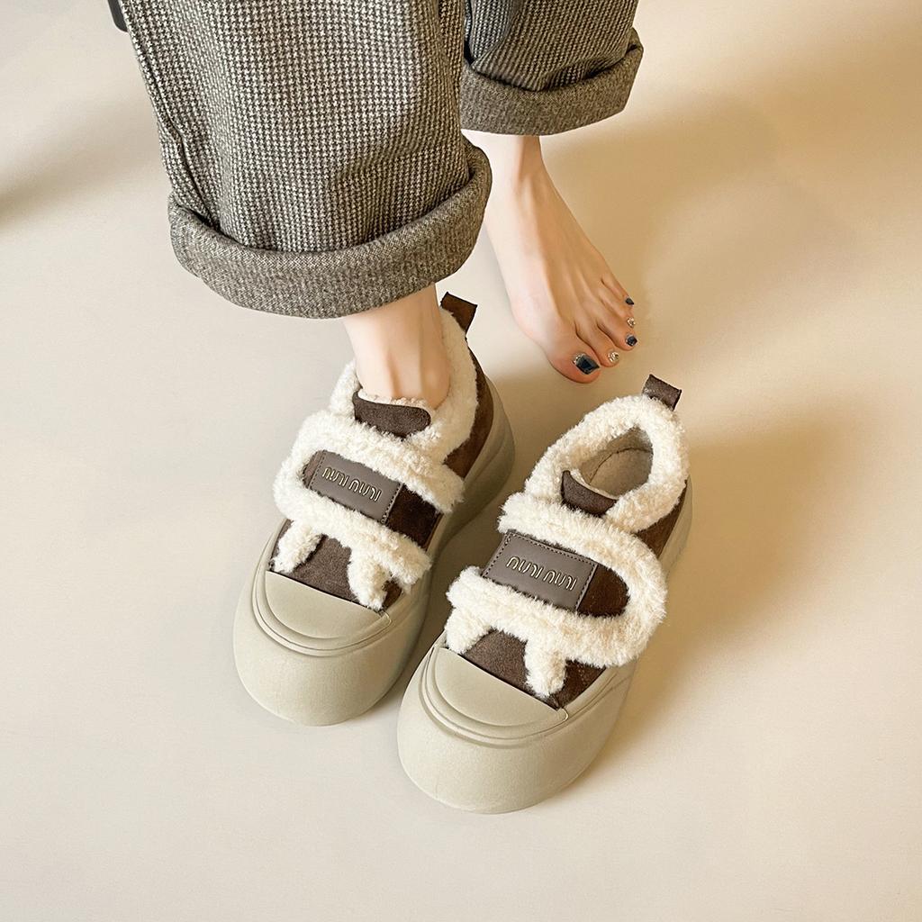Winter Samt Freizeit Board Schuhe Damen Plateau Klettverschluss Big Head Sneaker Warm halten Niedlich Runde Zehenpartie Brotschuhe Damen