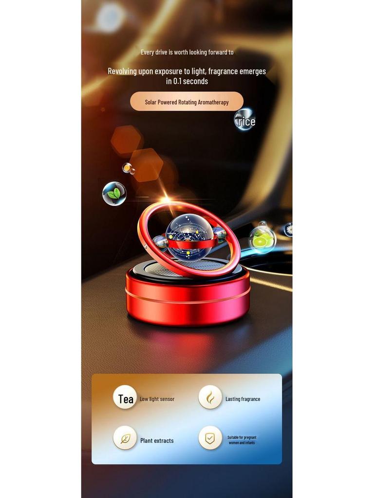Solar Car Aromatherapy Ornament: Dual-Ring Rotating Perfume Deodorizer for Interior Decoration