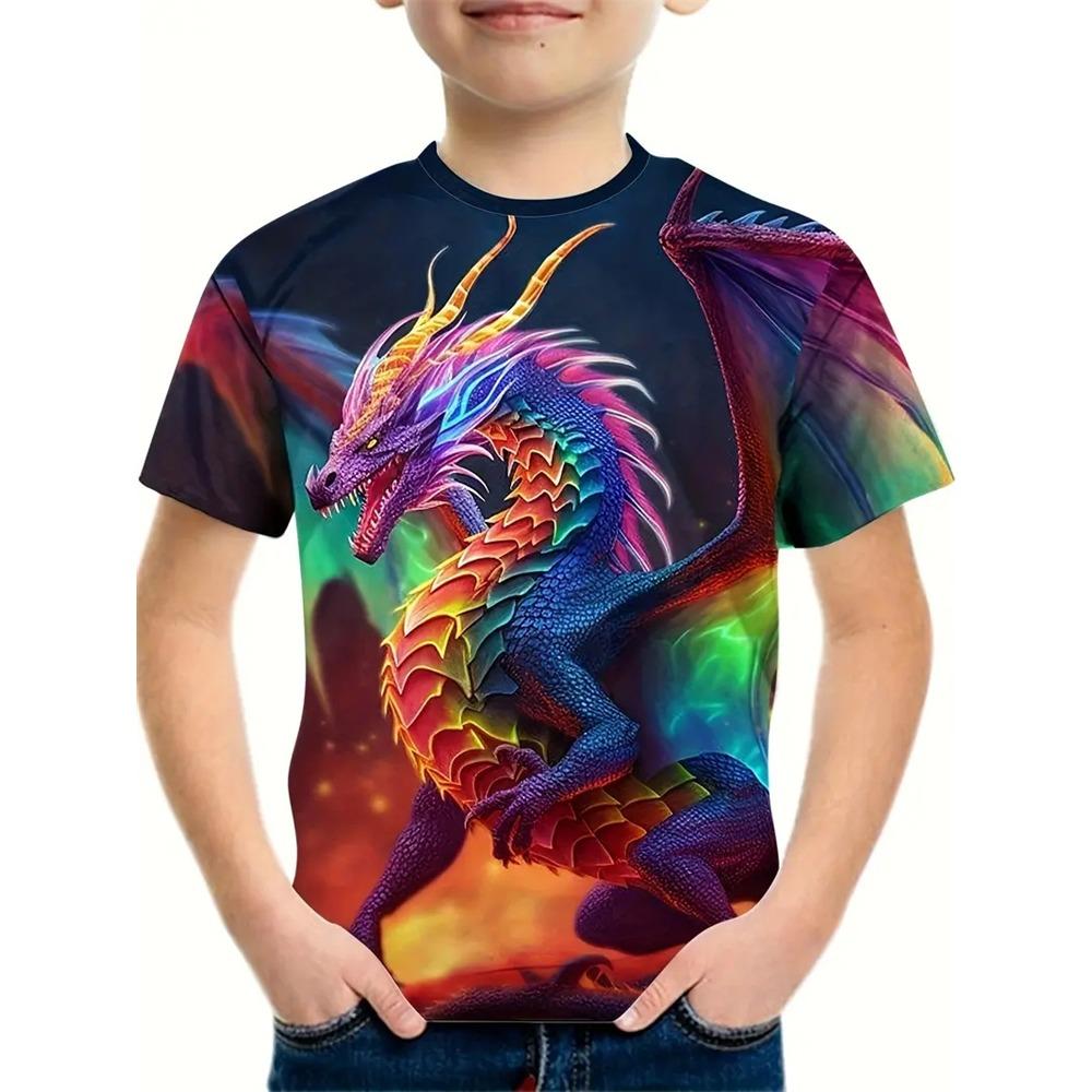 Boys' Summer Crew Neck Kids' Versatile Comfortable T-Shirt with Cool Dragon Pattern Short Sleeve Top