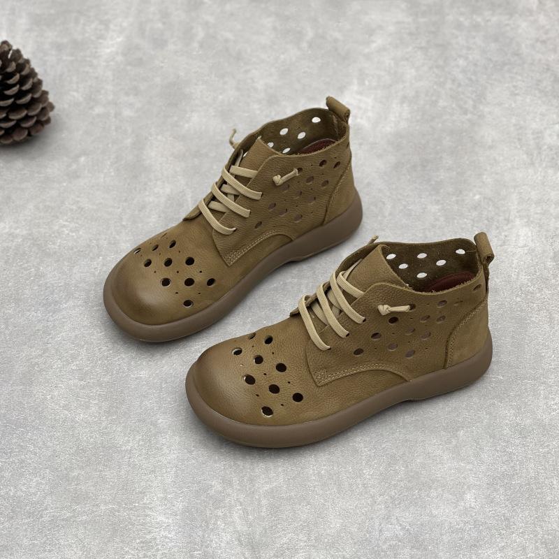 GKTINOO Retro Genuine Leather Hollow-out Boots 2025 Summer New Round Toe Flat Elastic Lace-up Soft Cowhide Women's Sandals