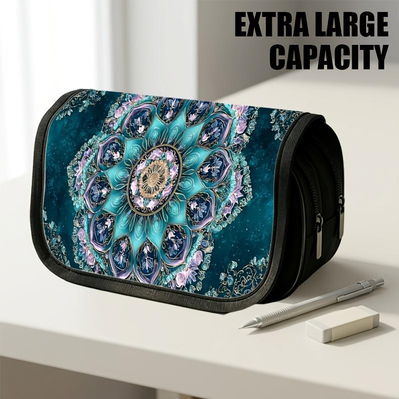 1pc Double Layer Flip Pencil Case, Teal Golden Mandala, Large Capacity, Portable Polyester Pen Storage Bag with Zipper Closure, Ideal for School & Off