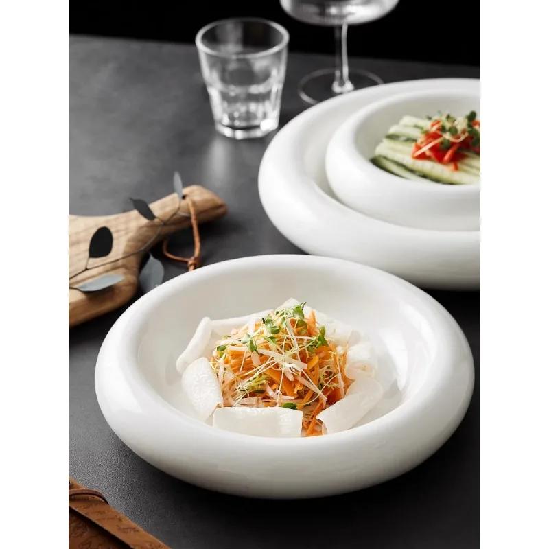 Round White Glazed Ceramic Western-style Dish Double-layer Ceramic Artistic Conception Disk Cold Dish Plate Hotel Tableware