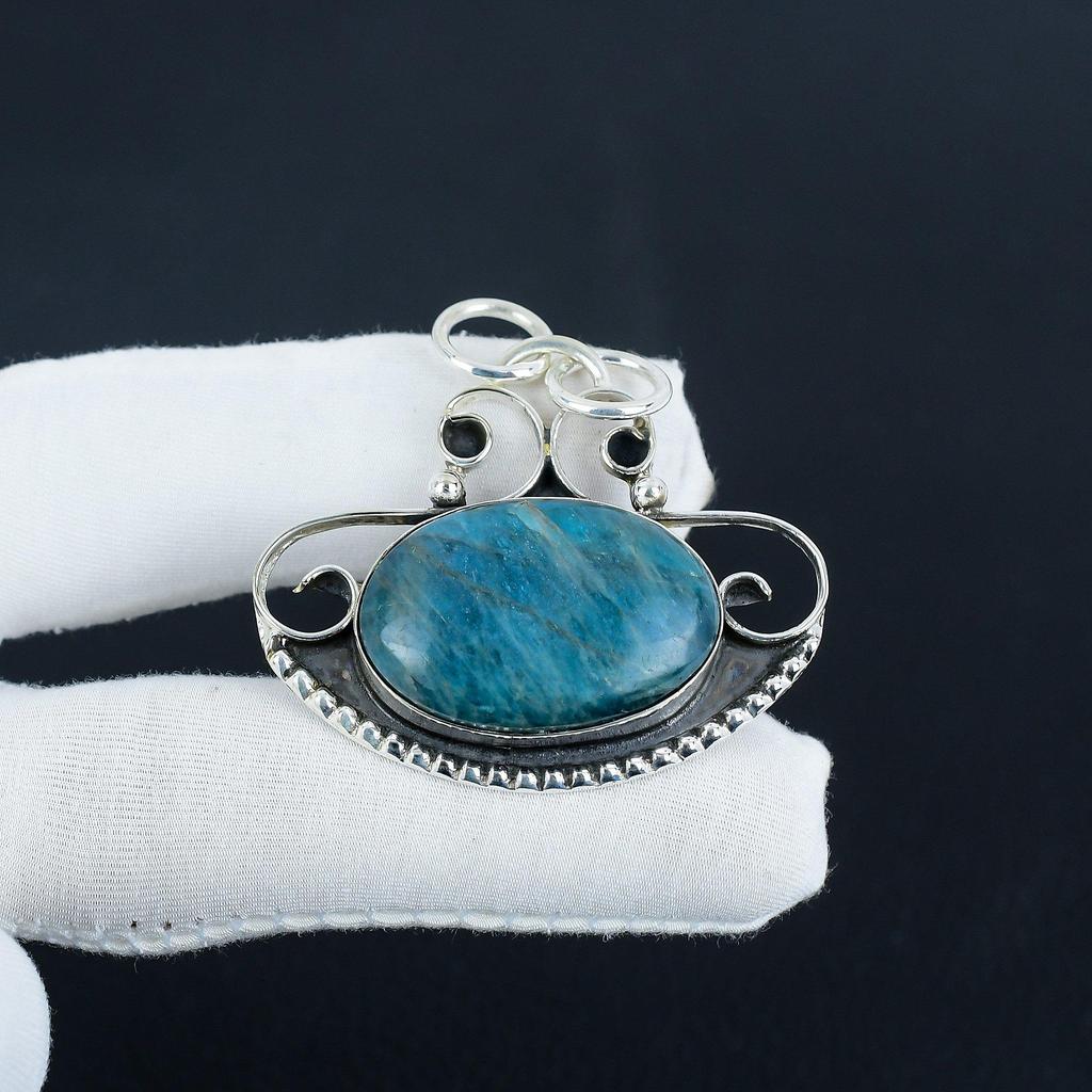 Natural Blue Apatite Gemstone Silver Pendant In 925 Sterling Silver - Handmade Design, Everyday Wear Jewelry Anniversary Gift