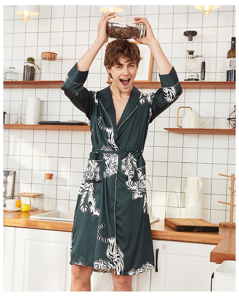 Yaoting Men's Long Sleeve Silk Pajamas and Robe Set, Ice Silk Fabric, WP032
