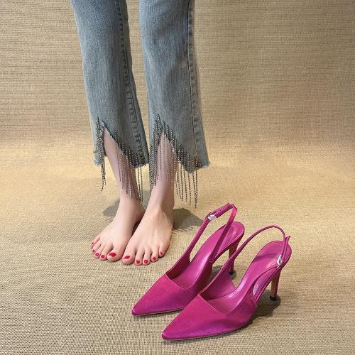 Fashion French Classic Grey Women Pointed Toe High Heel Sandals Open Back Slim Strap Party Commuter Versatile Shoes