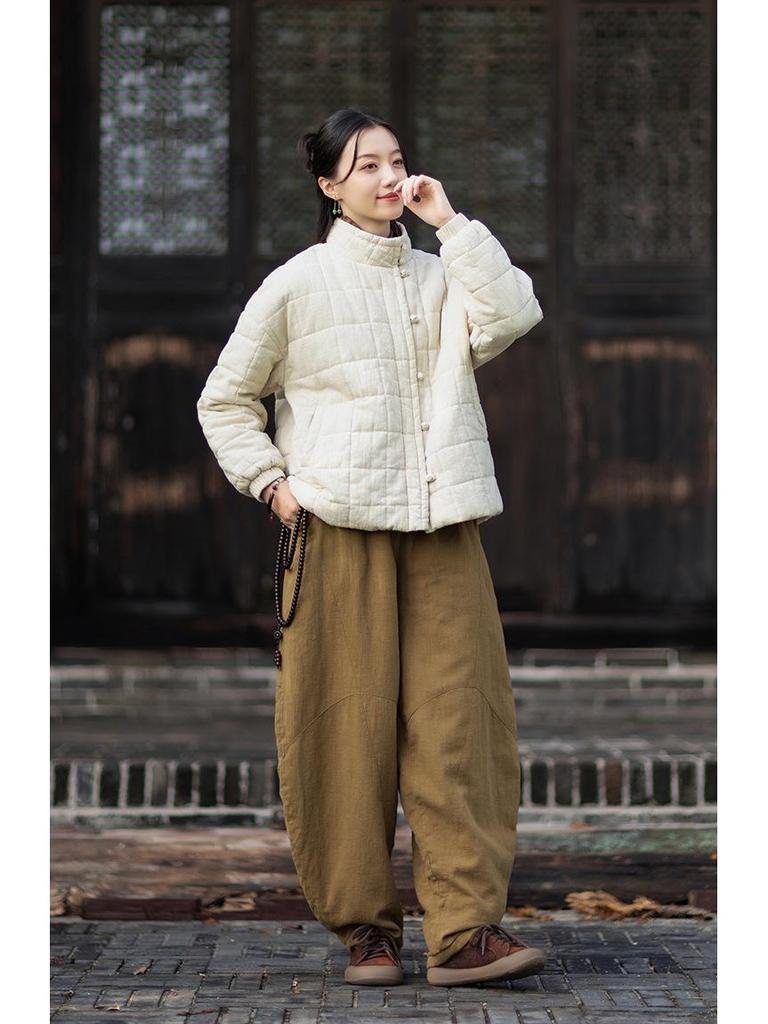 Women's Winter Quilted Plaid Stand Collar Coat - Chinese Retro Style