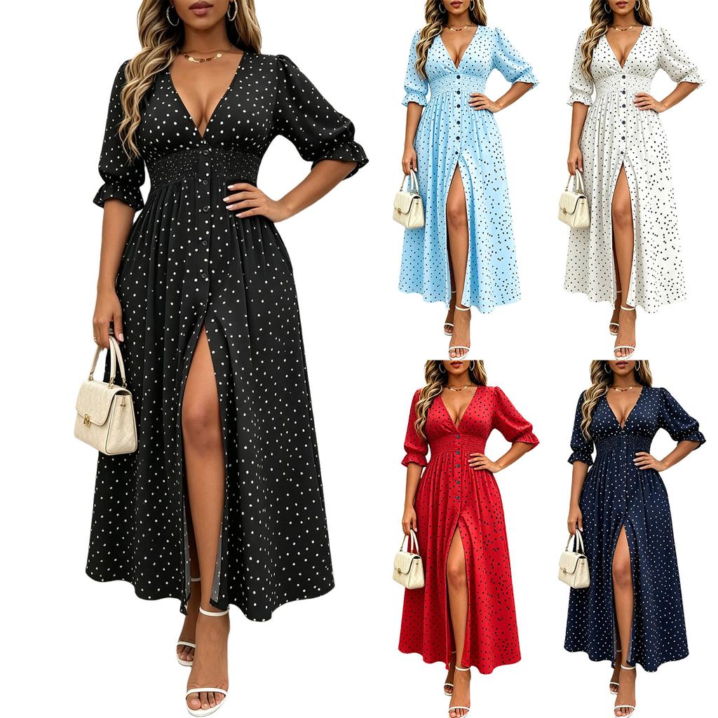 Women's Polka Dot Deep V-Neck Dress with Shirred Waist and Half Sleeves - Casual Long Dress for Summer Everyday Wear