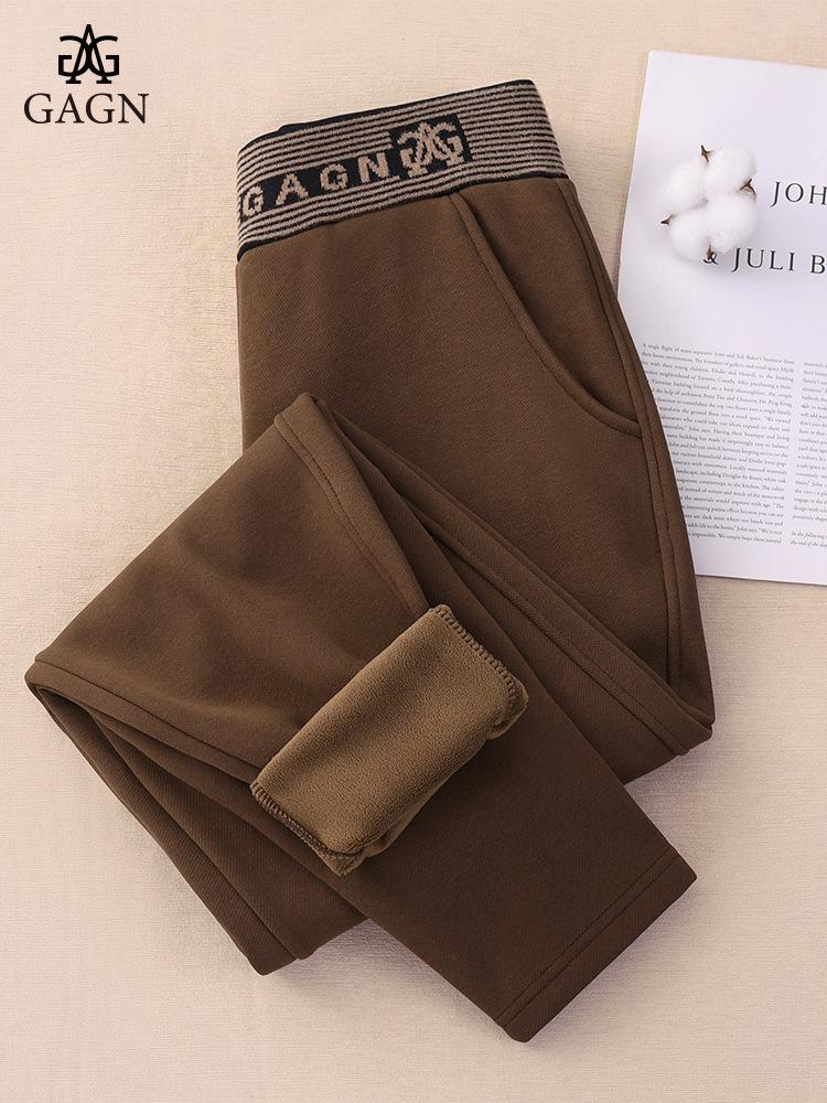 High-Quality Fleece-Lined High-Waisted Slimming Brown Pants for Autumn and Winter - Plus-Size Harem Style with Cuffed Small Legs