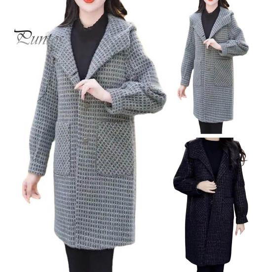 Casaco de lã feminino outono inverno com bolsos laterais, com capuz, trespassado, solto, xadrez, comprimento médio, grosso, sobretudo para manter o calor, para deslocamento, namoro, viagem