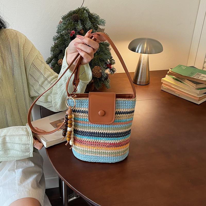 IELGY Rainbow Woven Messenger Bag Shoulder Straw Woven Vacation Beach Bucket Bag