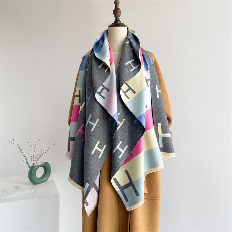 Fular colorat cu litere pentru femei, toamnă și iarnă, nou, îngroșat, color pe ambele părți, imitație cașmir, de înaltă calitate, versatil, șal cald