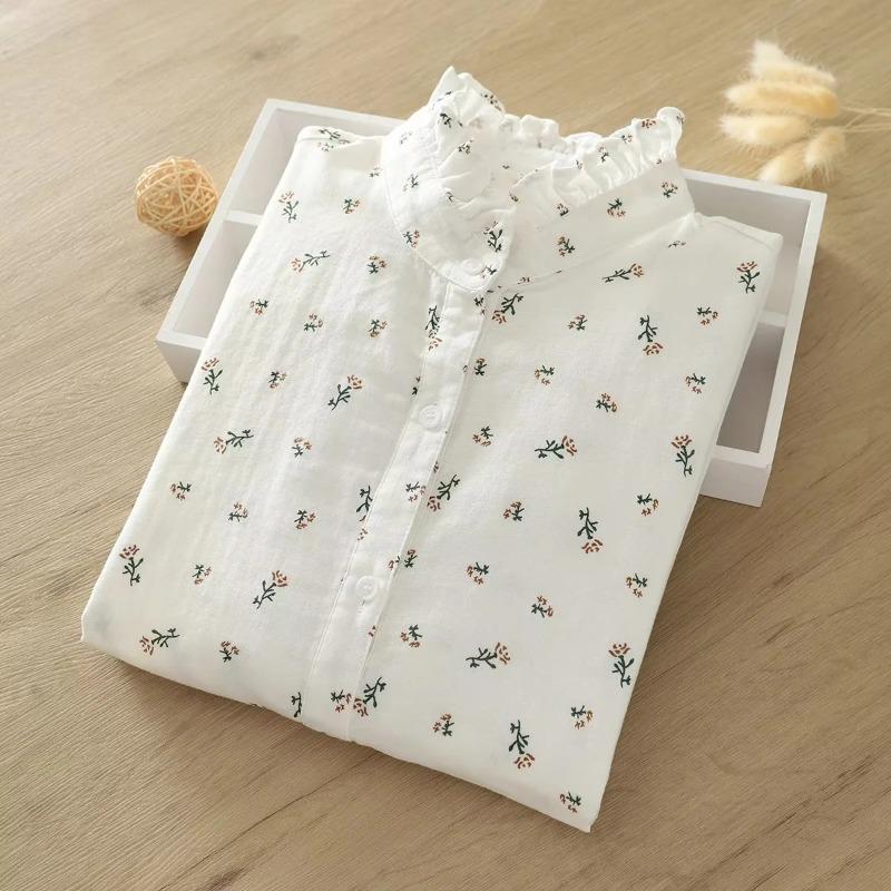 Løvetannmønstret bomullsgarn langermet skjorte for kvinner om høsten løs slankende skjorte topp bluser og skjorter