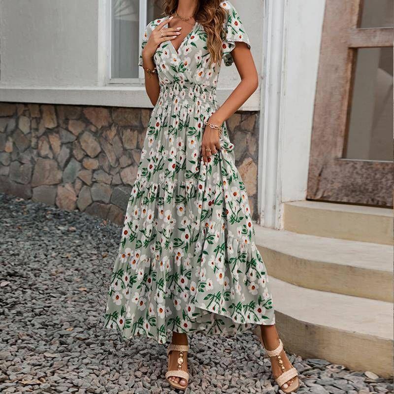 

Мода Богемный Стиль Праздничный Хлопок Шелк V-образный вырез Цветочный Облегающий Талию Пляжная Длинная Юбка Искусственный Хлопок Платье с Коротким Рукавом Flower color S