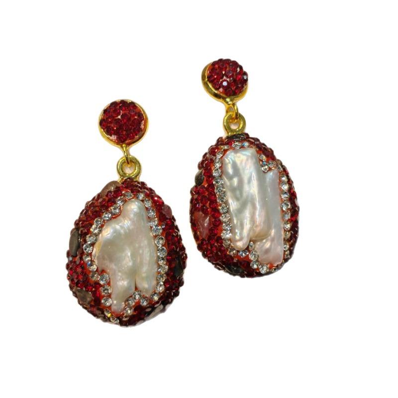 Special-shaped Baroque pearl tourmaline earrings set with red Czech diamonds women's earrings French design