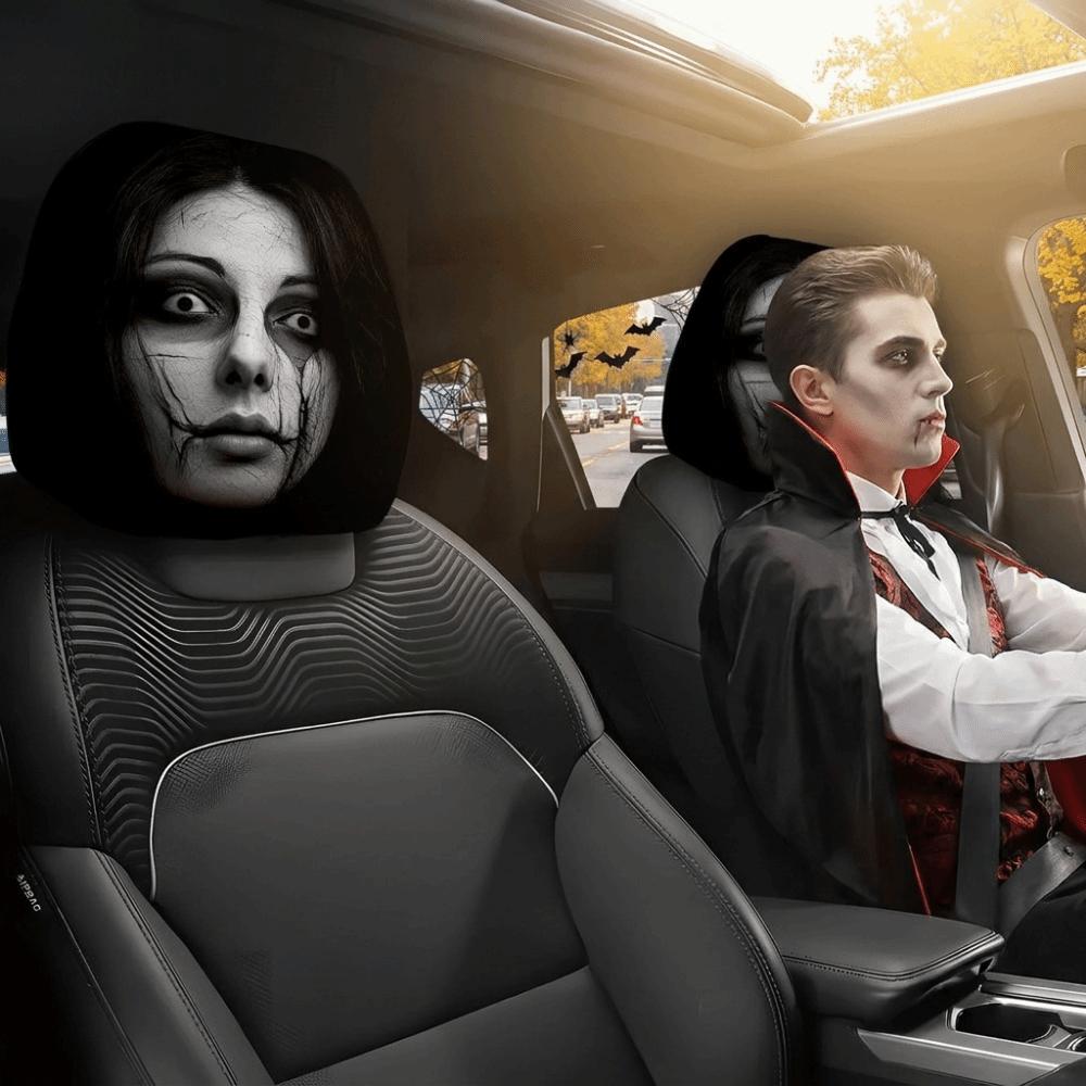 2PCS Scary Face Print Seat Headrest Protectors Auto Interior Decoration Cover Decoration