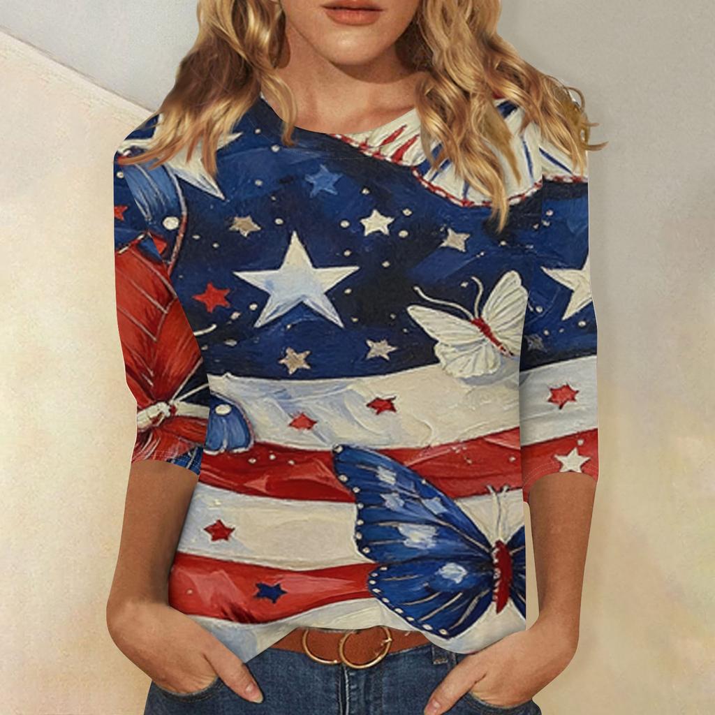 T-shirt Top Casual alla Moda da Donna con Stampa Bandiera Americana e Stelle per l'Indipendenza, Scollo, Manica a Tre Quarti