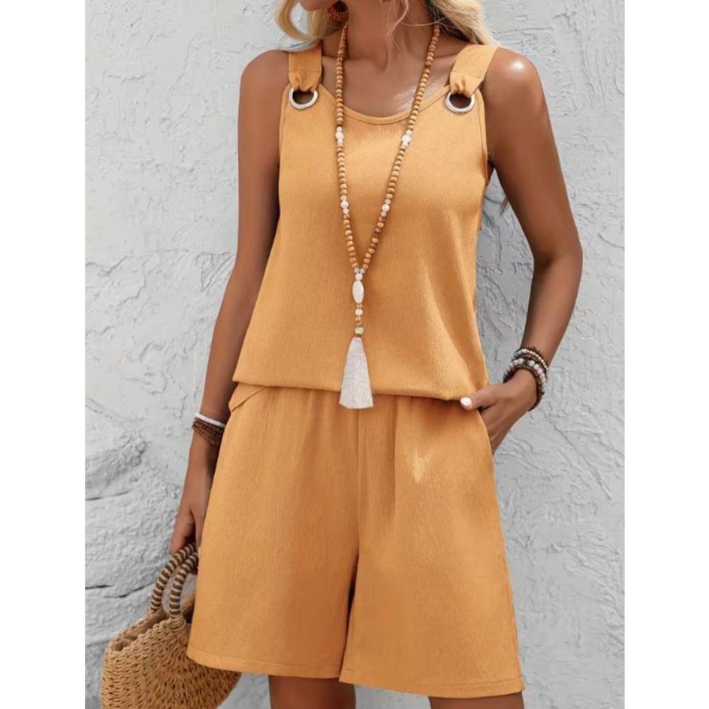Nuovo Top Senza Maniche in Tessuto Artigianale Monocolore con Doppia Tasca e Pantaloncini, un Outfit Elegante e Casual per le Vacanze di Primavera ed Estate