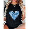 Kurzarm-T-Shirt für Damen mit herzförmigem Muster aus blauem Blumenprint