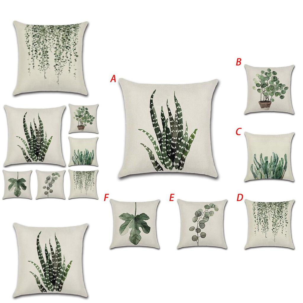 Elegant Green Leaves Patterned Linen Pillow Case Decorative Cushion Cover 18"x18