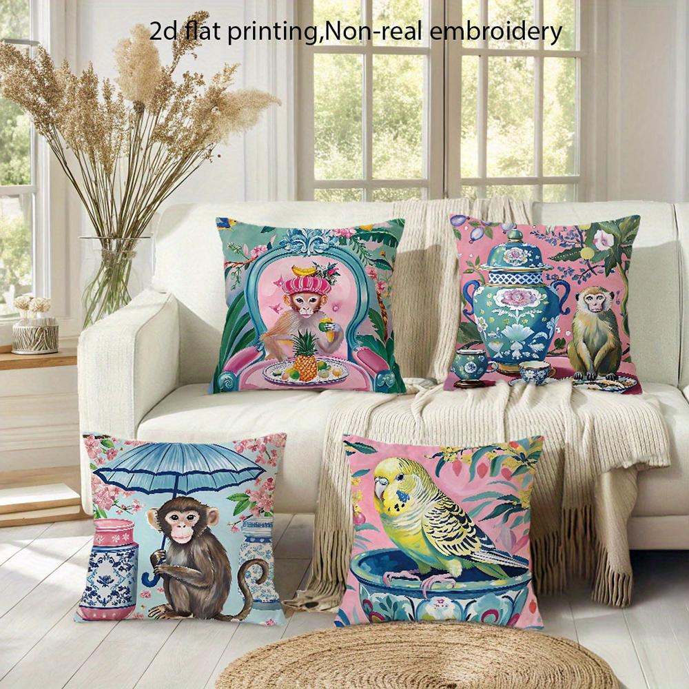 1/4pcs 2D Flat- Chinoiserie Monkey Holding Blue Umbrella Decorative Throw Pillow Cover Home outdoor decoration cushion cover