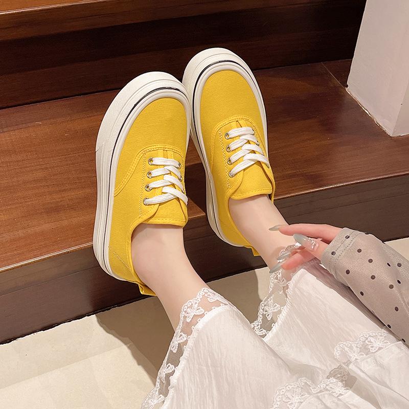 

Универсальные парусиновые туфли на толстой подошве, женские низкие туфли, весна 2025, новые повседневные туфли, увеличивающие рост, белые туфли, туфли на шнуровке с круглым носком 38 жёлтый