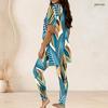 Women Plus Size Printed Two Piece Set Round Neck Short Sleeve Longline Top Fitted Pants Green Blue White