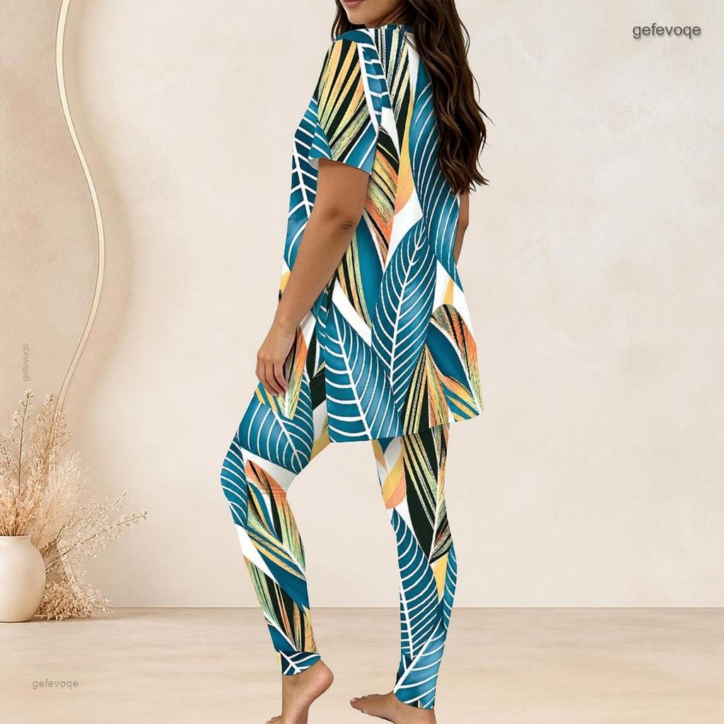 Women Plus Size Printed Two Piece Set Round Neck Short Sleeve Longline Top Fitted Pants Green Blue White