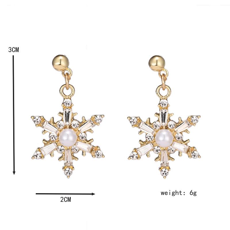 European & American Christmas Zircon Snowflake Imitation Pearl Tassel Earrings