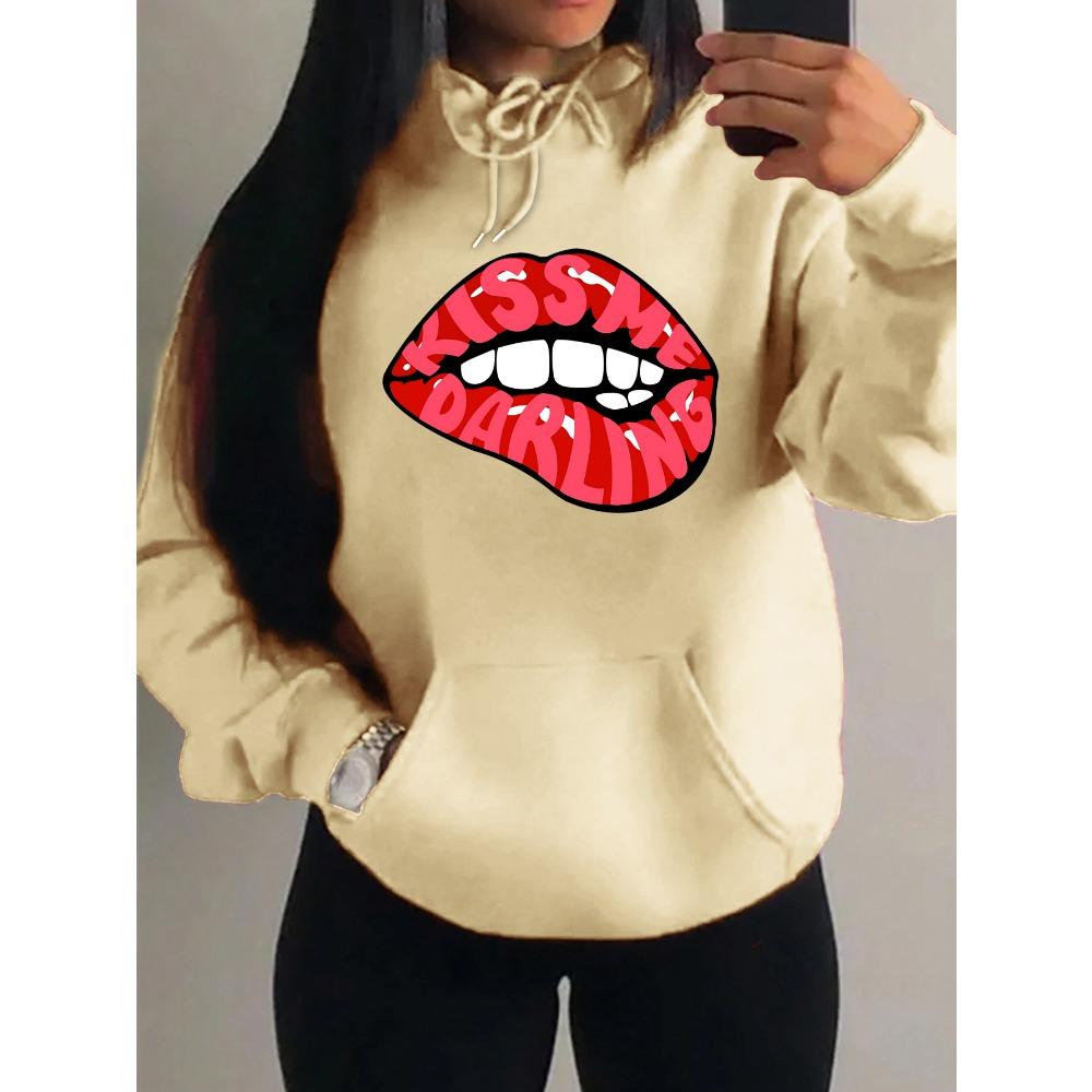 Kiss Me Darling Red Lips Print Hoodies Woman Autumn Fleece Hoody Casual Hip Hop Streetwear Loose Pullovers