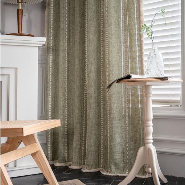 2026High Quality Finished Curtains, Striped Embroidery, Green Solid Color Contrast, Kitchen Curtains, Rural Style, Semi Shaded Bay Windows