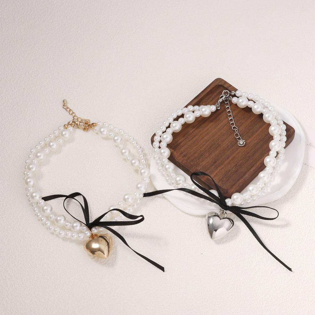French sweet and cool style baroque double-layer imitation pearl love bow light luxury high-end design collarbone chain necklace