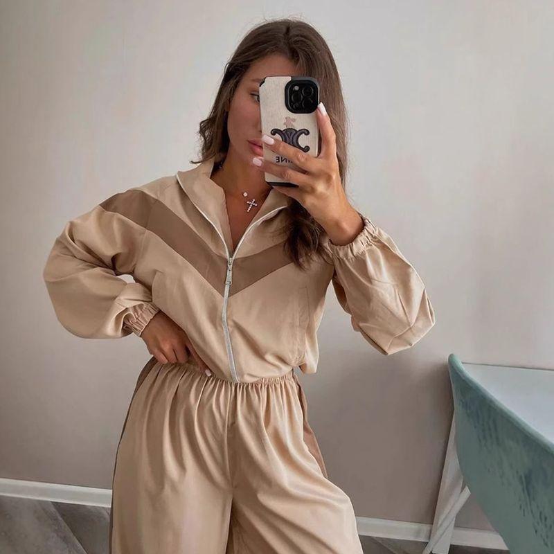 Western Style New Fashion Casual Loose Color Matching Zip-up Outerwear Trousers Set Top and Pants Set