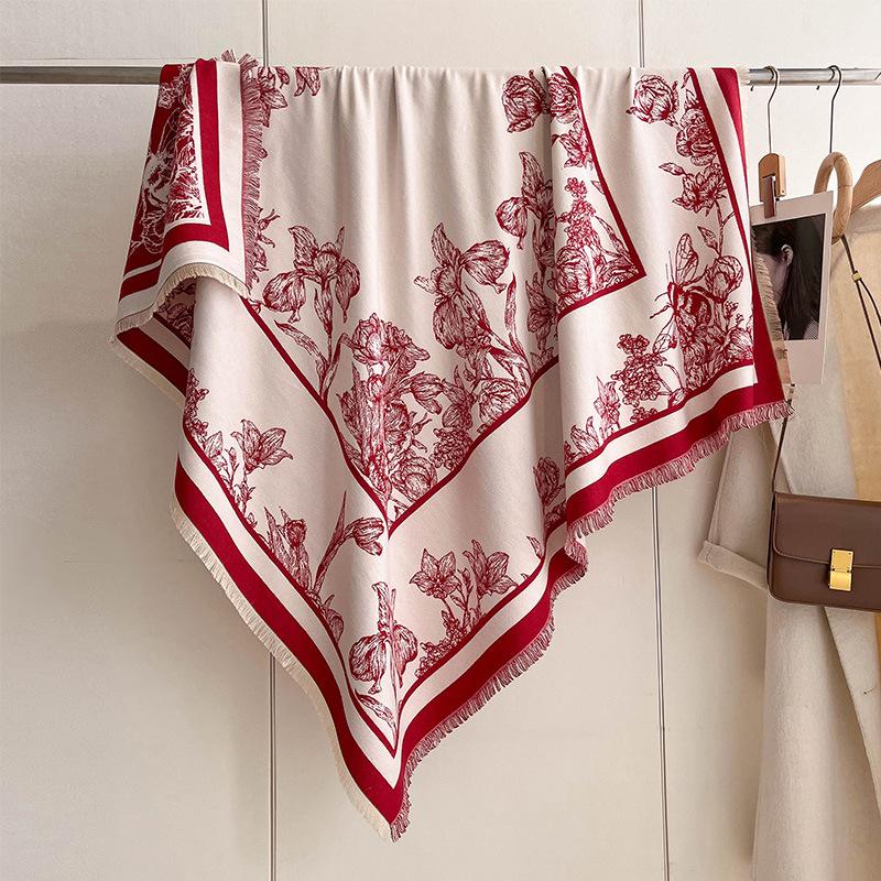 Korean Version Of Iris Printing Large Square Towel Thickened Double-Sided Imitation Cashmere Decoration Cape To Keep Warm And Keep Out The Cold