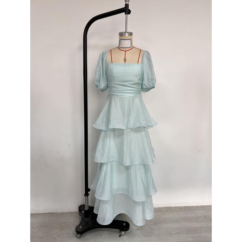 Women Fashion Backless Puff Sleeve Square Neck Long Solid Cake Dress