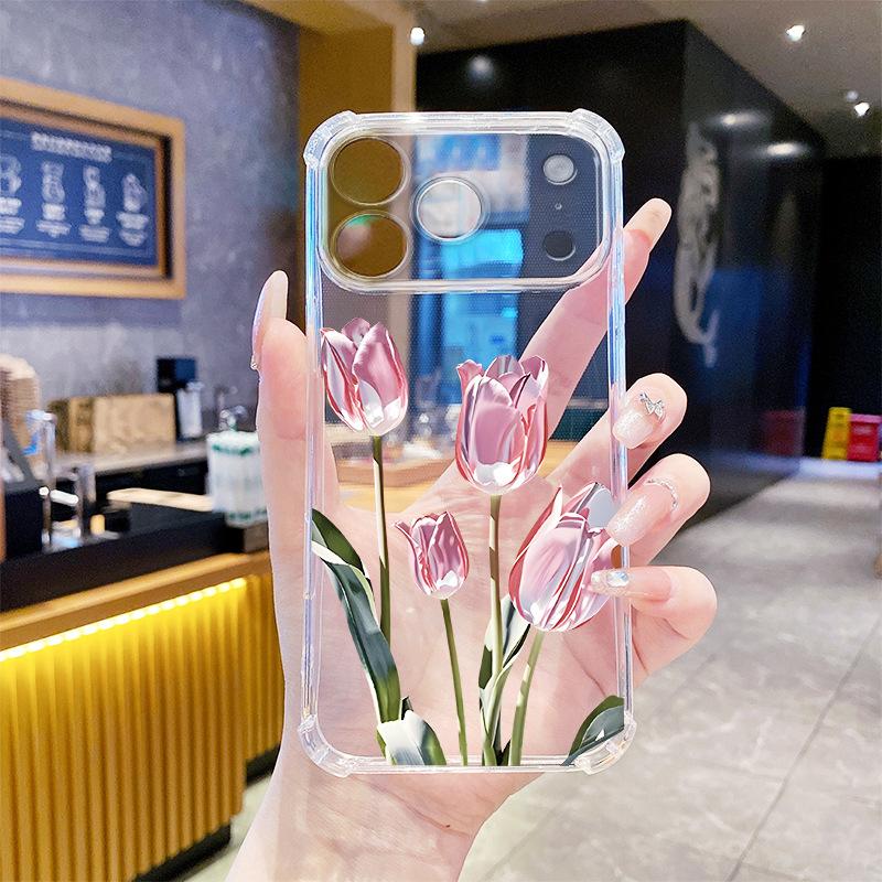 Foreign Trade Explosion Three-dimensional Pink Tulip Transparent Four Corners Anti-drop iPhone17promax Summer Mobile Phone Case