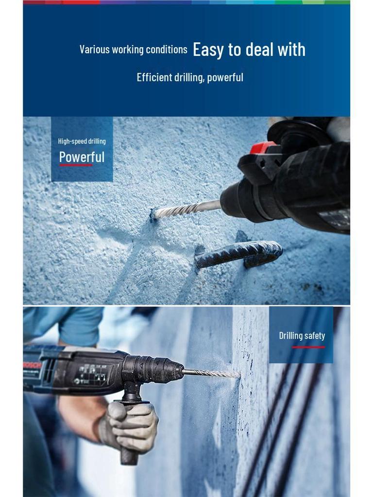 Bosch 5-Series Electric Hammer Drill Bit, Four-Groove, Cross Wall-Penetrating, Extended Length, Round Shank for Concrete.