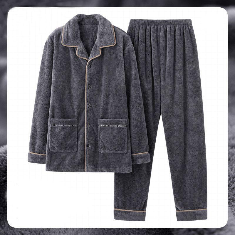 Herren Korallfleece Pyjama Langarm Verdickter Flanell Hauskleidungsset Herbst Winter Warm Locker Geschnitten Nachtwäsche Ensemble