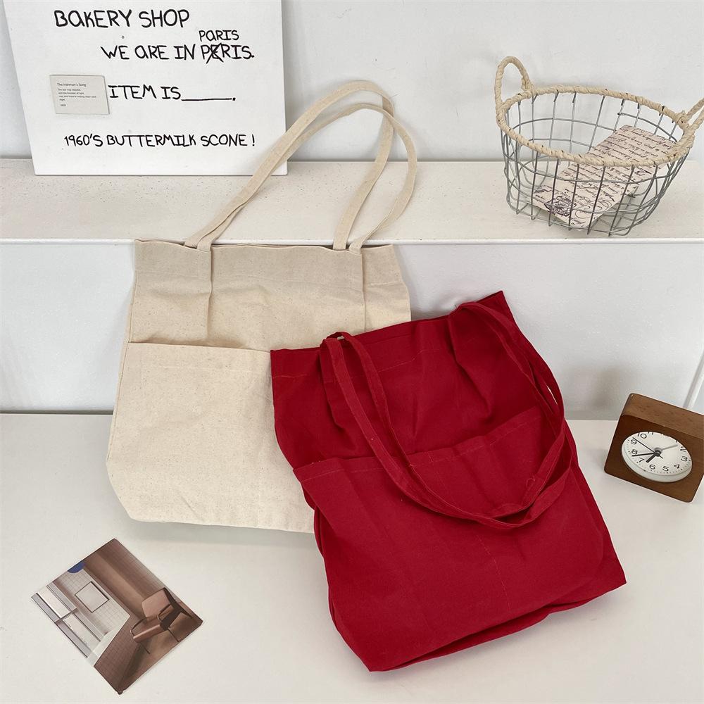 Solid Color Front Bag White Canvas Tote Bag Literary Shoulder Bag Student Large Capacity Bag