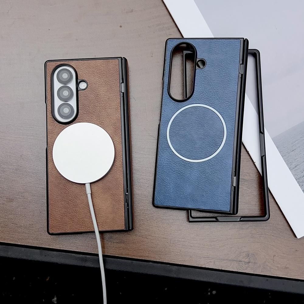 Luxury Leather Magnetic Hinge Phone Case For Samsung Galaxy Fold 7 6 5 4 3 5G Wireless Charge Hard Soft Silicone Bumper Cover