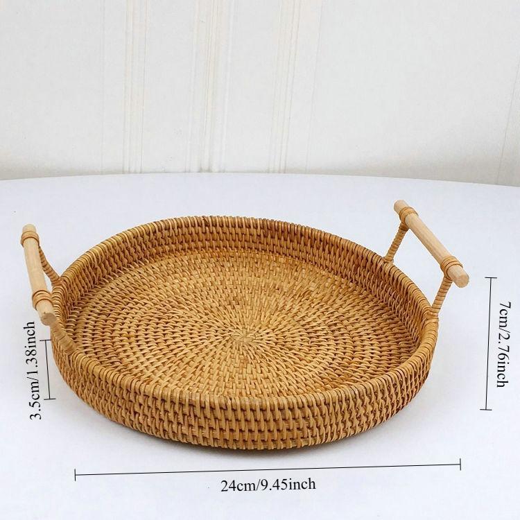 1pc Artisanal Woven Rattan Serving Tray,Dual Handles, Multipurpose Tea and Snack Presentation Platter, Ideal Bread Basket