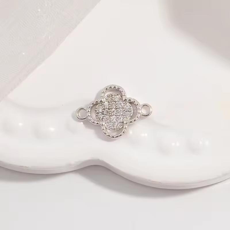 Fine 925 Sterling Silver Zircon Gold Plated Charm Clover Connector for Jewelry Necklace Bracelet Making