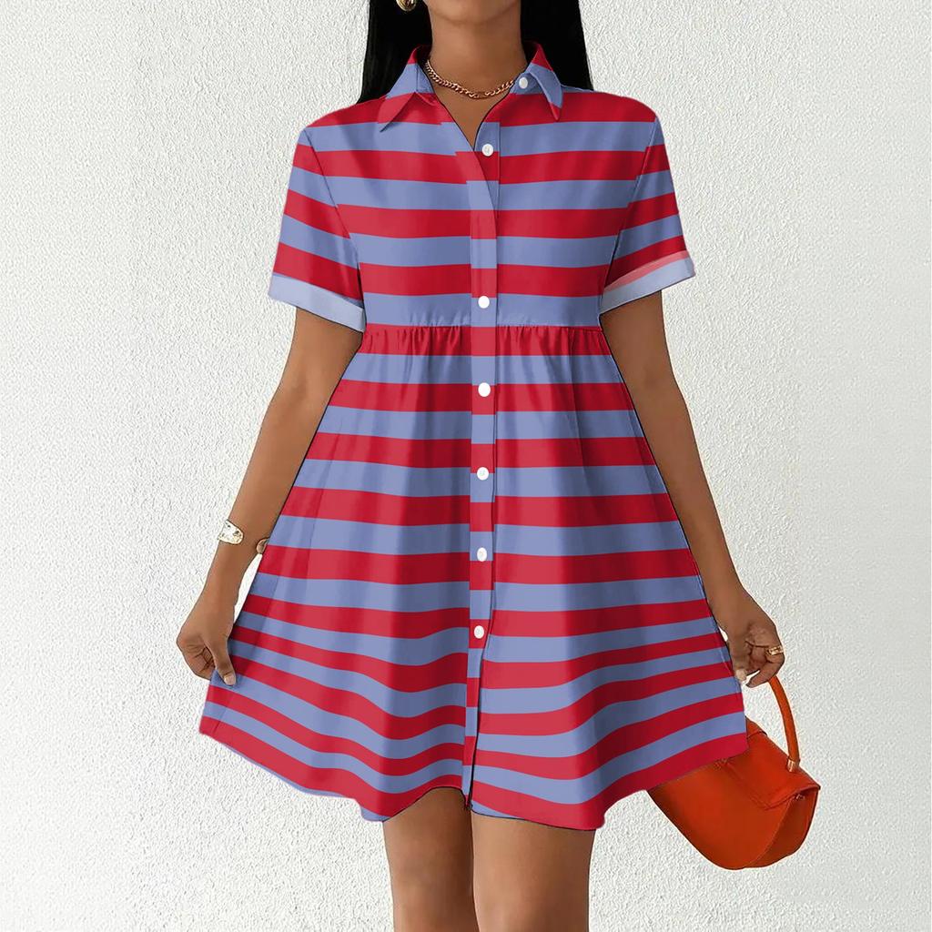 Women Loose Fit Casual Shirt Dress with Button Front and Stand Collar Short Sleeve Striped Design for Everyday Wear