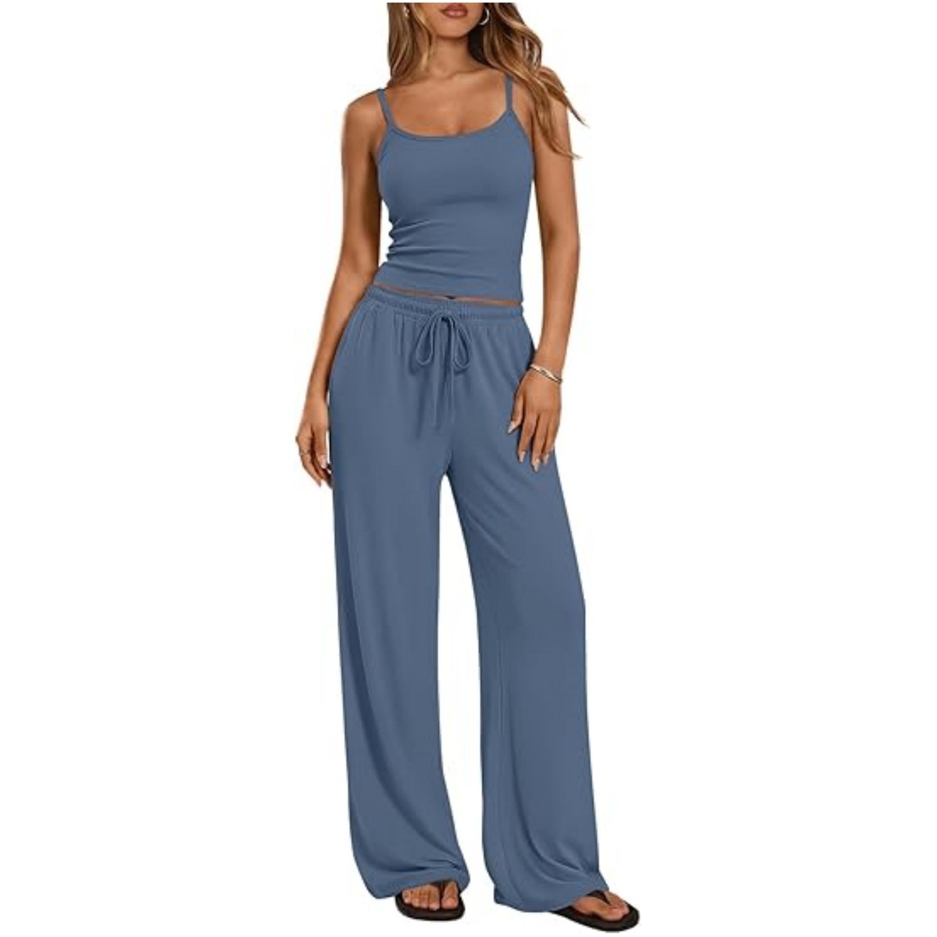 

2026 Women s Casual Set: Solid Color Camisole & Wide-Leg Pants 2-Piece Outfit XL темно-синього кольору