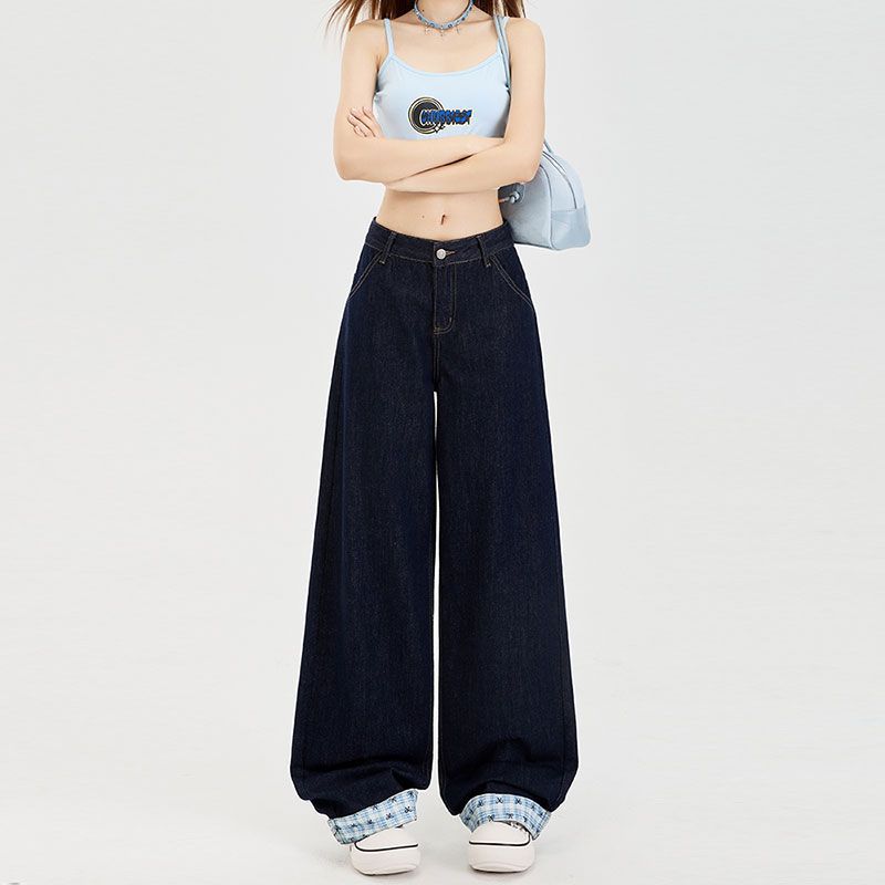 Design Splicing Butterfly Plaid Embroidered Straight Jeans Women's Large Size High Waist Loose Wide Leg Trousers Jeans for Women Long Denim Pants