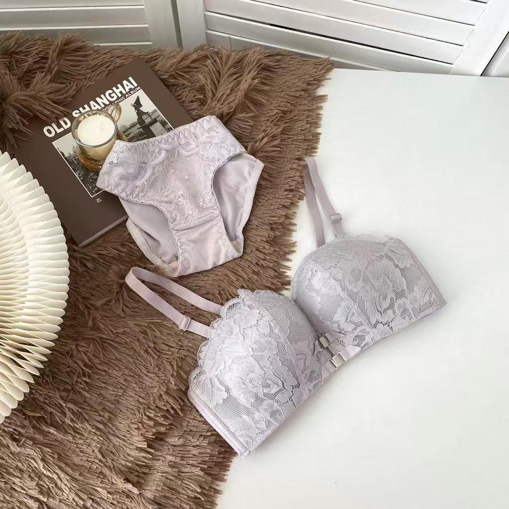 Women's Push-Up Lace Bra - Double Front Closure, Wireless, Adjustable, Side Support, Beautiful Back Design