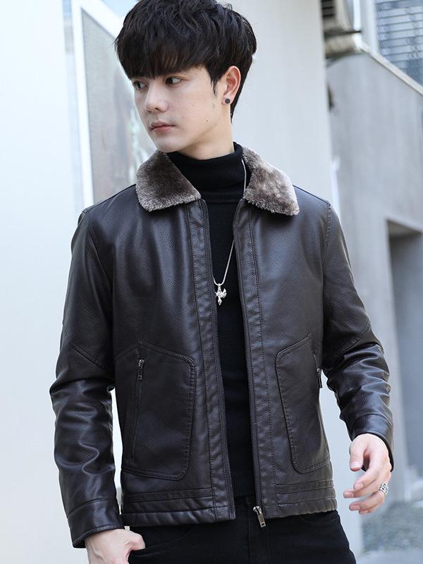 Men's Thick Leather Jacket with Fleece Lining - Lambswool, PU Leather, Lapel Collar, Warm Casual Coat for Spring & Autumn.